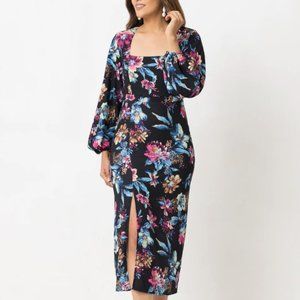GFLOCK Women Dress Floral Multi Color Size 12 Long Sleeve Deep Neck Midi Dress